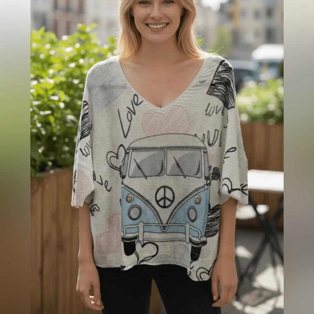 NWT Graphic VW Bus Pullover Sweater in Light Blue and Cream